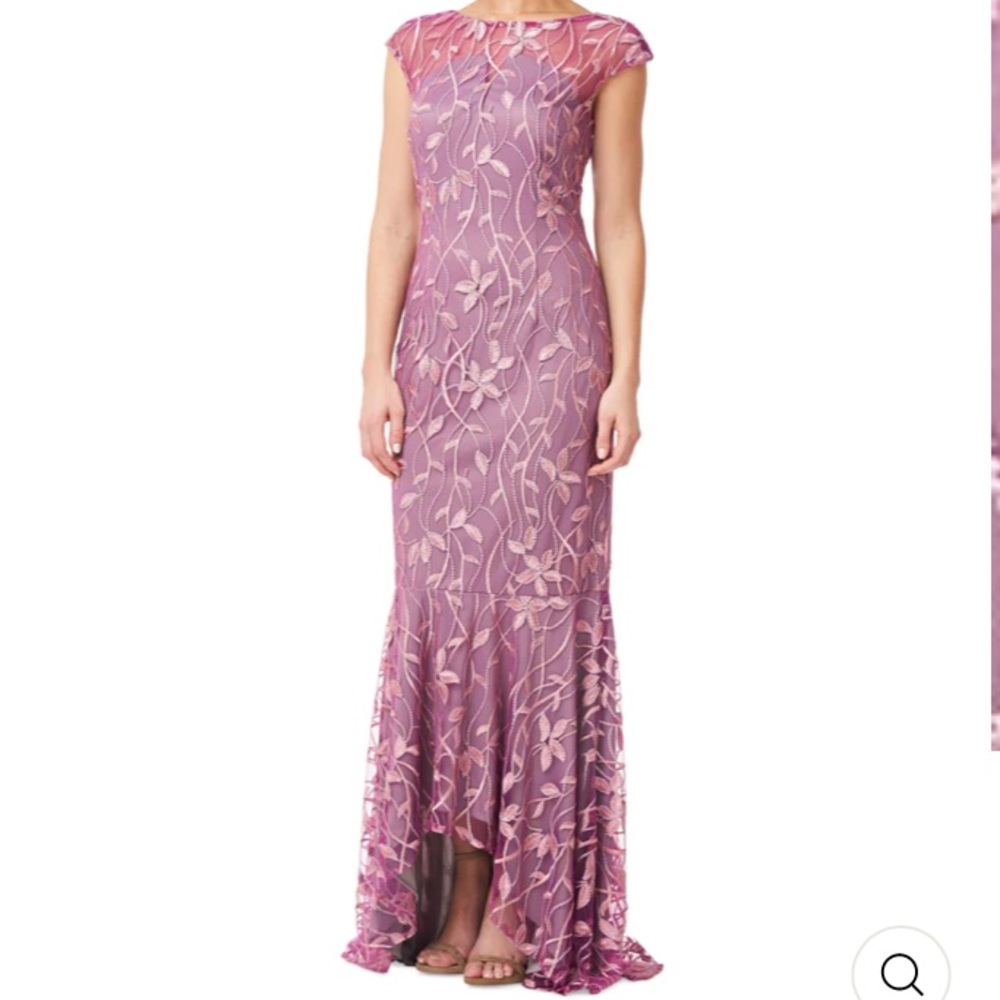 JS Collections Embroidered Floral Cap Sleeve Evening Gown